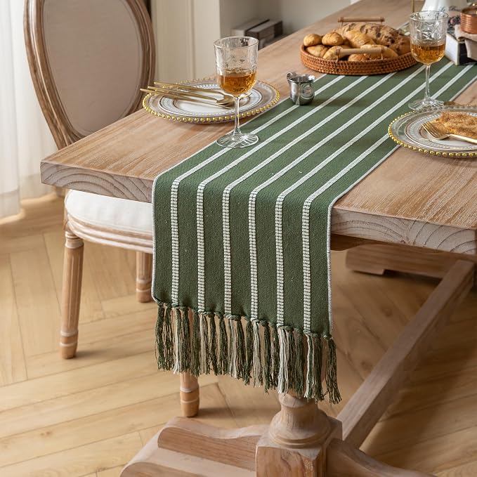 Caflife Boho Table Runner 60 Inchs Long Green, Cotton and Linen Woven with Tassels, for Modern Rustic Farmhouse Neutral Table Runners, Bohemian Kitchen Dining Table Home Decor