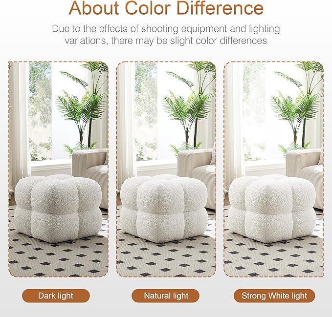 Zesthouse Square Pouf Ottoman, Modern Ottoman Coffee Table for Living Room, Fuzzy Sherpa Couch Foot Rest, Upholstered Tufted Cube Stool for Couch, White
