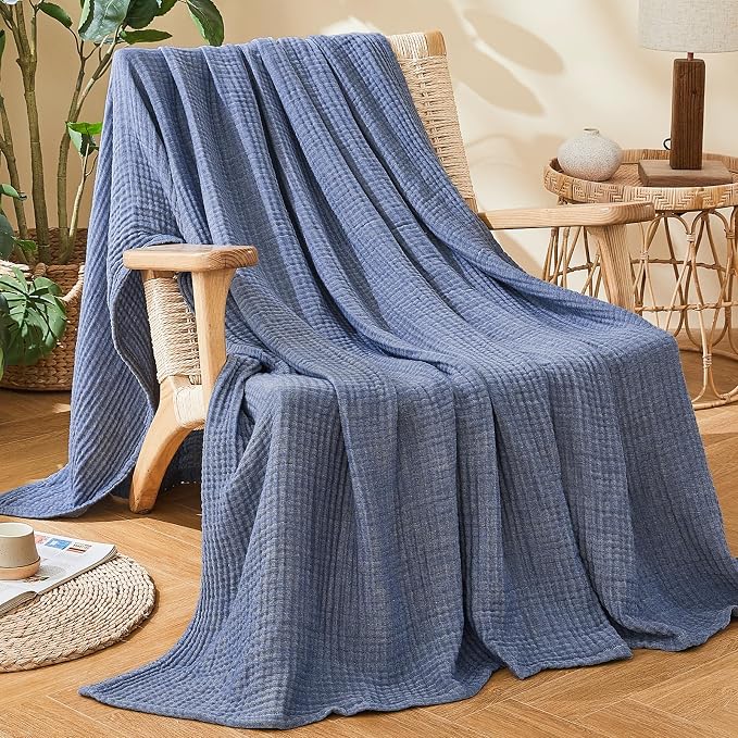 EMME Cotton Muslin Throw Blanket for Couch Breathable Gauze Soft Lightweight Blankets for Adults (Heather Navy, 50"x60")