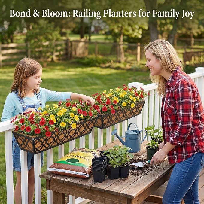 24 Inch Railing Planter Box with Coco Liner, Adjustable Metal Hanging Planter, Window Box for Balcony Deck Fence, Outdoor Flower Box Black, 4 Pack