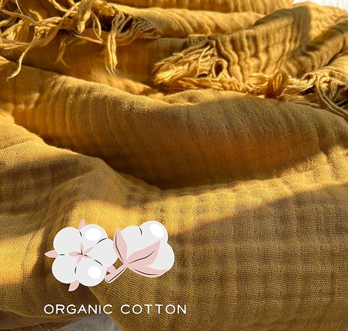 KyraHome 100% Cotton Muslin Throw Blankets for Couch, 50"x60" Pre-Washed Plant Dyed, Breathable, Lightweight Summer Throw Blankets for Adults, Picnic, All Season, Mustard Yellow