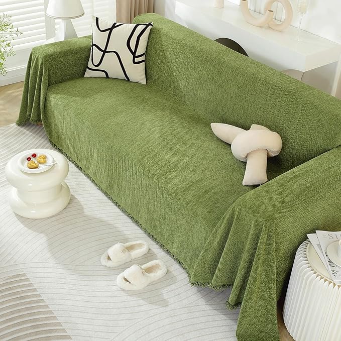 DREAMINGO Sofa Covers Washable Chenille Couch Cover Blanket Modern Style Living Room Sectional Couch Covers Herringbone Jacquard Sofa Cover for 3 Cushion Couch, Green, XX-Large 71"x150"