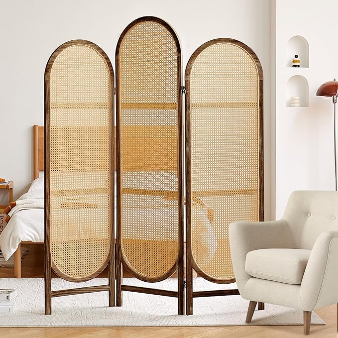 Wood Room Divider 3 Panels, Folding Rattan Room Divider Wall, Unique Design Folding Portable Partition Screen, Foldable Privacy Screen Wall Divider for Home Office Restaurant Bedroom (Brown)