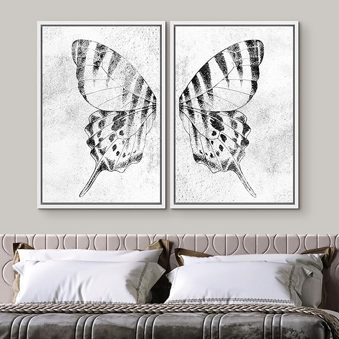 SIGNWIN Framed Canvas Print Wall Art Set Black & White Monarch Butterfly Wing Insect Nature Wilderness Illustrations Modern Art Rustic Relax/Calm for Living Room, Bedroom, Office - 16"x24"x2 White