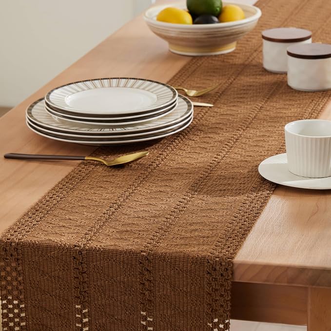ZeeMart Macrame Style Boho Table Runner, Brown Table Runners 108 Inches Long, Farmhouse Woven Home Decor, 12x108 Inch, Caramel
