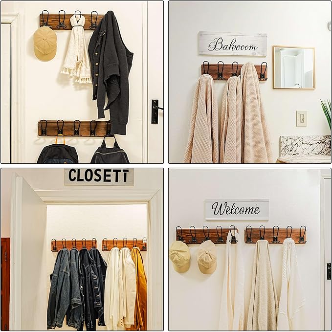Dseap Coat Rack Wall Mounted - Heavy Duty Farmhouse Rustic Wall Coat Hanger with 5 Wire Hooks for Clothes Hat Jacket Towel, RusticWire, G25A, Whitewash & Black, Pack of 2