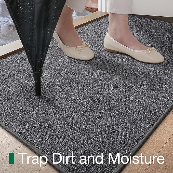 LUMI Ultra Thin Indoor Door Mat for Entrance 32"x48", Non Slip Entryway Mat, Low Profile Doormat, Unique Herringbone Design Carpet for Inside, Patio, Porch, Dark Gray