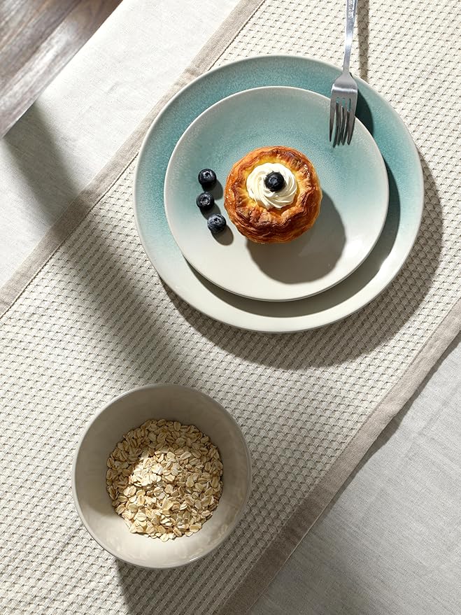 Famiware Glacier Stoneware Dinnerware Sets, 12-Piece Plates and Bowls Set for 4, Reactive Glaze Dishes, Everyday & Formal Use, Dishwasher/Microwave Safe, Chip/Scratch Resistant, Two-Color Glazed, Aqua