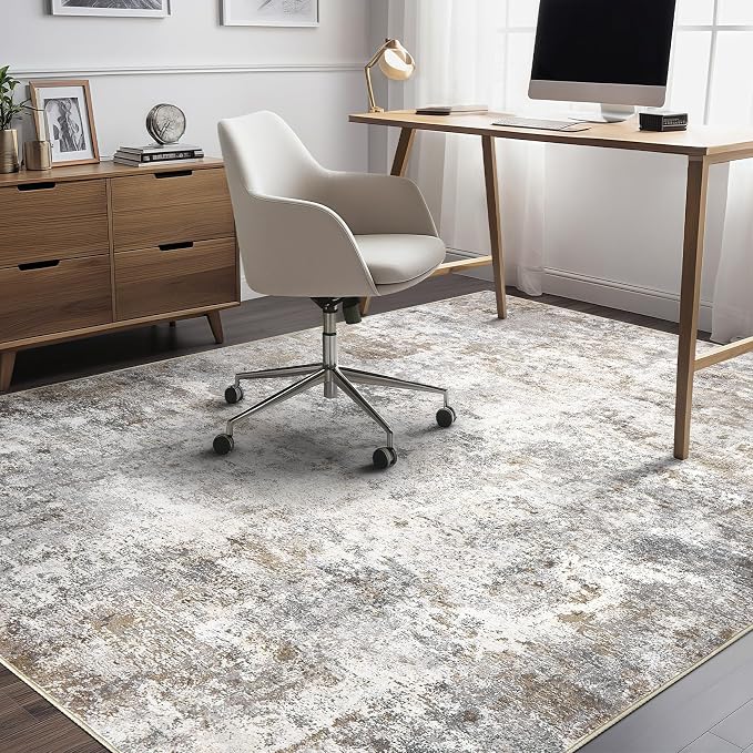 UERMEI 5x7 Area Rug Living Room Rugs - Washable Neutral Modern Abstract Soft Thin Large Rug Indoor Floor No Slip Rug Carpet for Bedroom Under Dining Table Home Office Decor - Brown Grey