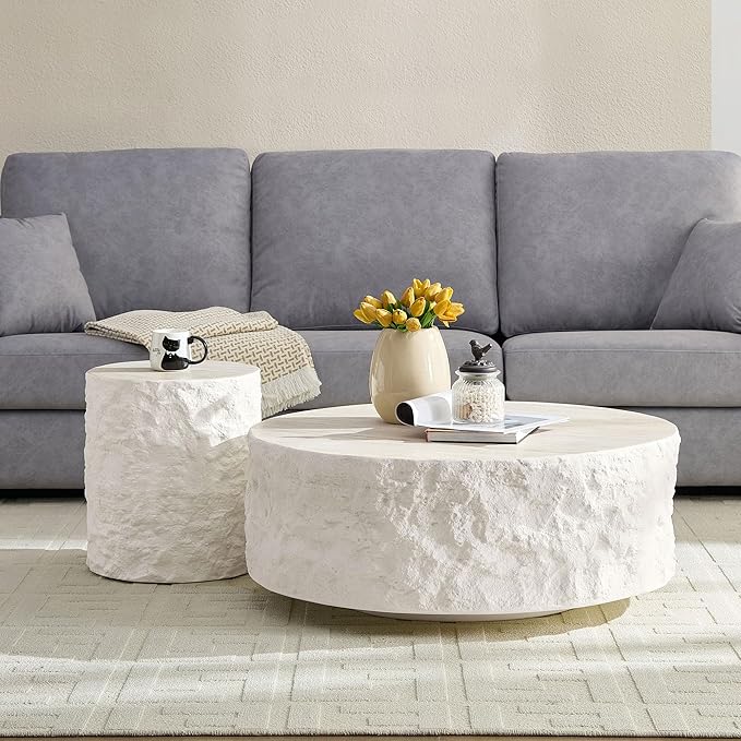 Round Coffee Table Set of 2 for Living Room Modern Drum Center Table Circle Side Tables for Apartment, No Need Assembly (Fiberglass 35.43'' &15.75'' Cement Stone Pattern)