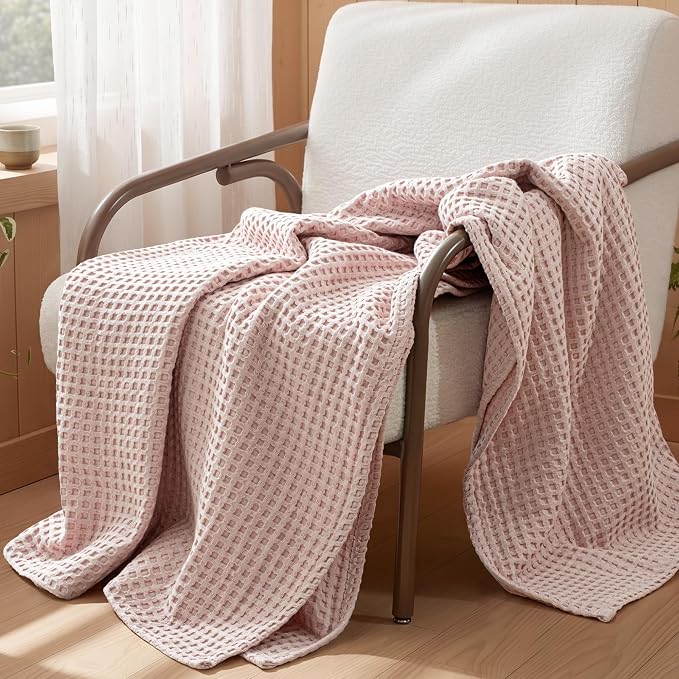 Exclusivo Mezcla Pre-Washed 100% Cotton Waffle Blanket King Size for Bed, 330GSM Lightweight Breathable Summer Blankets, Soft and Cozy, Home Decor, Pink, 104x90 Inches