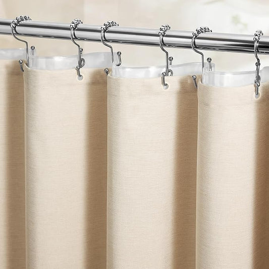 BTTN 3 in 1 Shower Curtain Set, Cream Linen Textured Fabric Shower Curtain and Clear Liner Set with Plastic Hook, Modern Hotel Luxury Weighted Waterproof Shower Curtain for Bathroom, Beige, 72x72