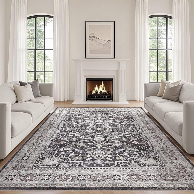Black Rug Living Room Rugs: 8x10 Washable Boho Large Vintage Moody Soft Distressed Oriental Stain Resistant Non-Slip Indoor Floor Carpet for Bedroom Playroom Office Dining Room Retro Home House