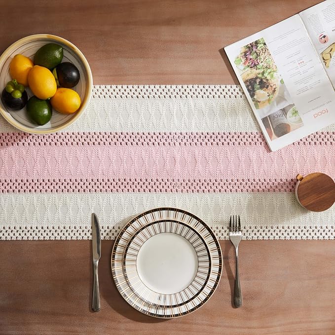 ZeeMart Macrame Style Bicolor Stitching Table Runner, 14 x 60 Inch Light Pink/Ivory, Boho Pink Table Runners 60 Inches Long, Farmhouse Woven Home Decor