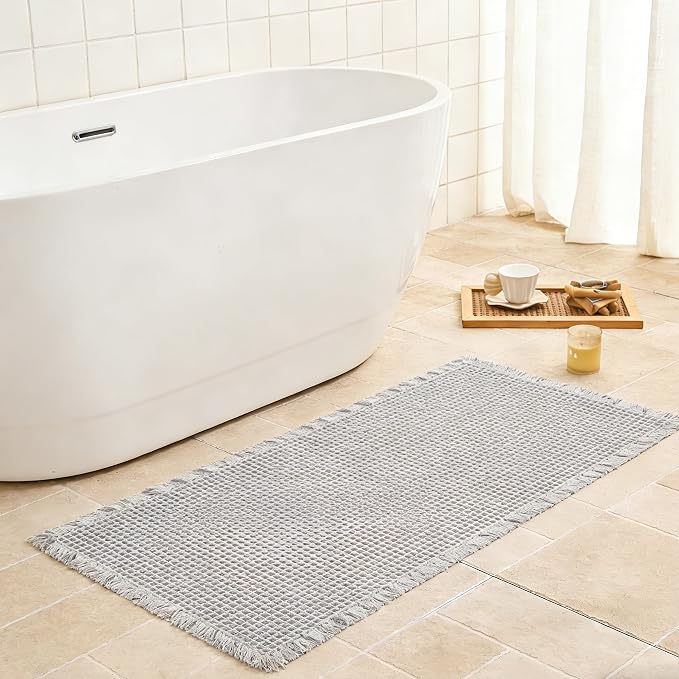 Waffle Bath Mat Non Slip, Boho Bathroom Rug, Super Absorbent Quick Dry Bathroom Mat, Soft Farmhouse Bath Rug with Tassels, Small Washable Shower Mats for Floor 24"x36", Light Grey