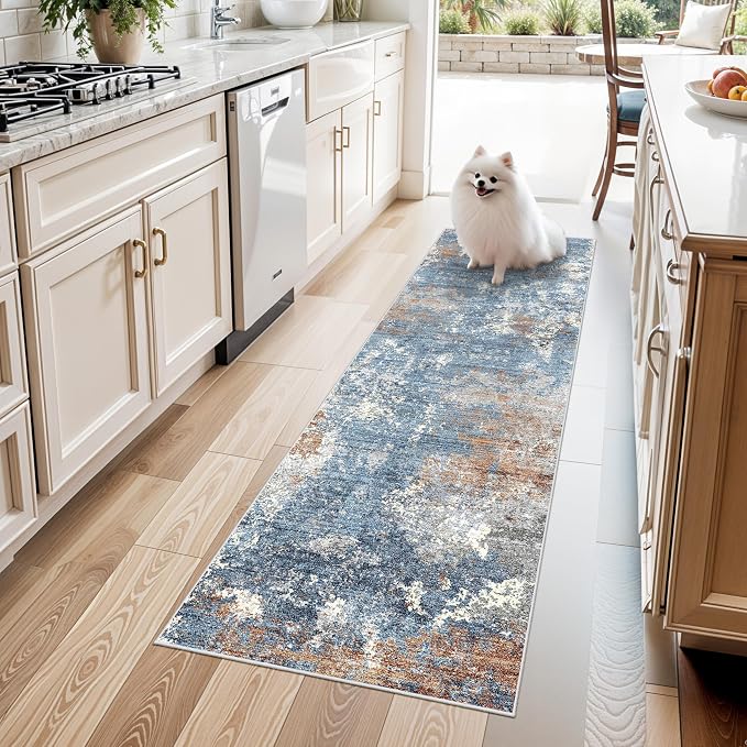 2x6 Non-Slip Washable Kitchen Runner Rug – Modern Abstract Carpet Runner for Hallway Bedroom Bathroom Laundry Room Entryway – Low-Pile Thin Rubber Backed（Blue Rust,2x6）