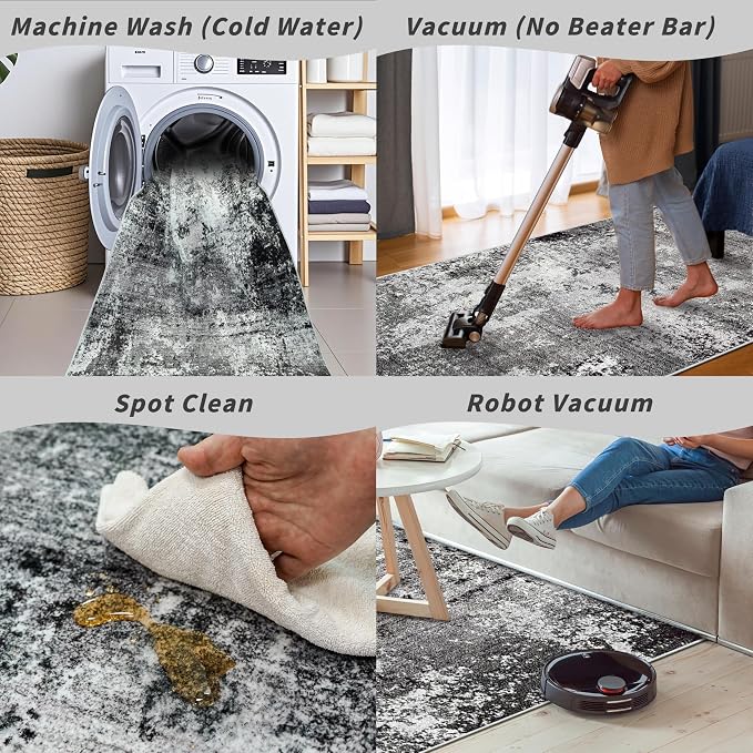 8x10 Washable Living Room Rug – Modern Neutral Abstract Large Area Rug for Bedroom Dining Room Kitchen Home Office Under Table – Non-Slip Low Pile Soft Thin Indoor Carpet (Black Grey,8x10)