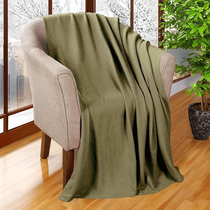Superior Metro All-Season Cotton Blanket, Woven Blanket for Couch, Bed, Bedding, Farmhouse, Home Essentials, Cute and Cozy Bohemian Blankets, Herringbone Weave, California King, Sage