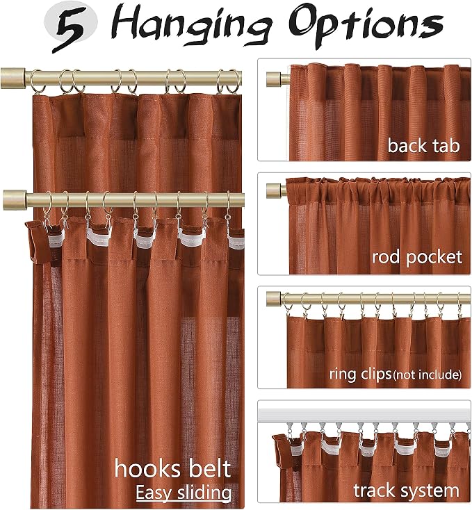 Joywell Linen Curtains 120 Inches Length Long Rod Pocket/Back Tab/Hook Belt/Clip Rings Semi Sheer Window Curtains Boho Farmhouse Drapes for Bedroom Living Room 2 Panels Set,52x120,Terracotta