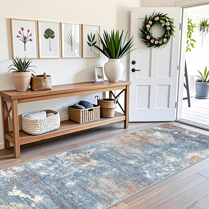 3x12 ft Long Hallway Runner Rug Non-Slip Washable Carpet Runner for Kitchen Entryway Bathroom Modern Abstract Neutral Low-Pile Thin Stain-Resistant Blue Rust