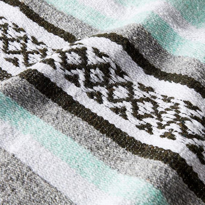 Teal and Gray Mexican Blanket by Laguna Beach Textile Co - Beach, Yoga, Camping, or Decorative Throw Blanket - Traditional Handmade Serape - Gray Sage