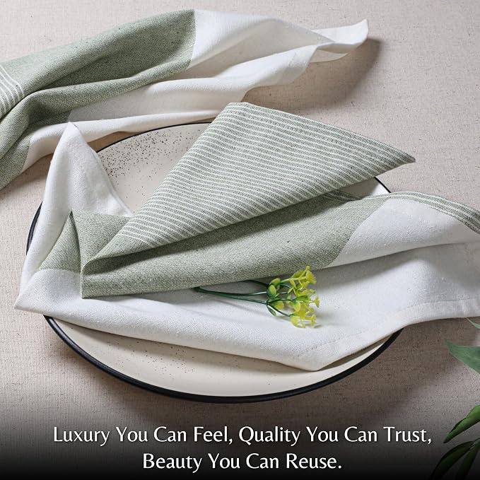 Ramanta Home Cloth Napkins Set of 12 18x18 Inches - Spring Basket Decor Block Striped Dinner Napkins for Easter Farmhouse Wedding, Washable Soft Cotton Durable Table Linen for Everyday Use - Green