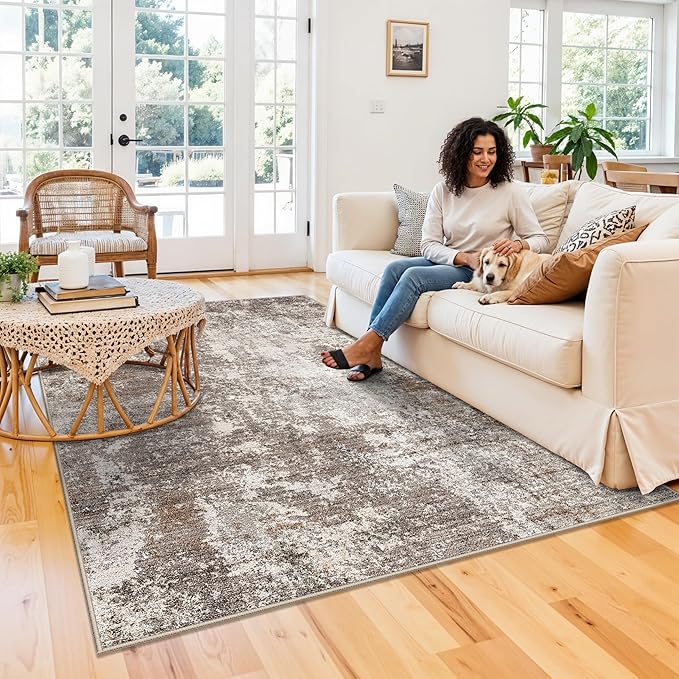 5x8 Washable Living Room Area Rug Modern Neutral Abstract Rug for Bedroom, Kitchen, Dining Room Non-Slip Low Pile Soft Indoor Carpet (Brown Beige, 5x8)