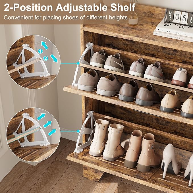 Garvee Shoe Storage Cabinet with 2 Flip Drawers, Freestanding Shoe Organizer Storage for Entryway with 2 Side Hooks, Farmhouse Hidden Slim Narrow Shoe Rack Cabinet, Rustic Brown