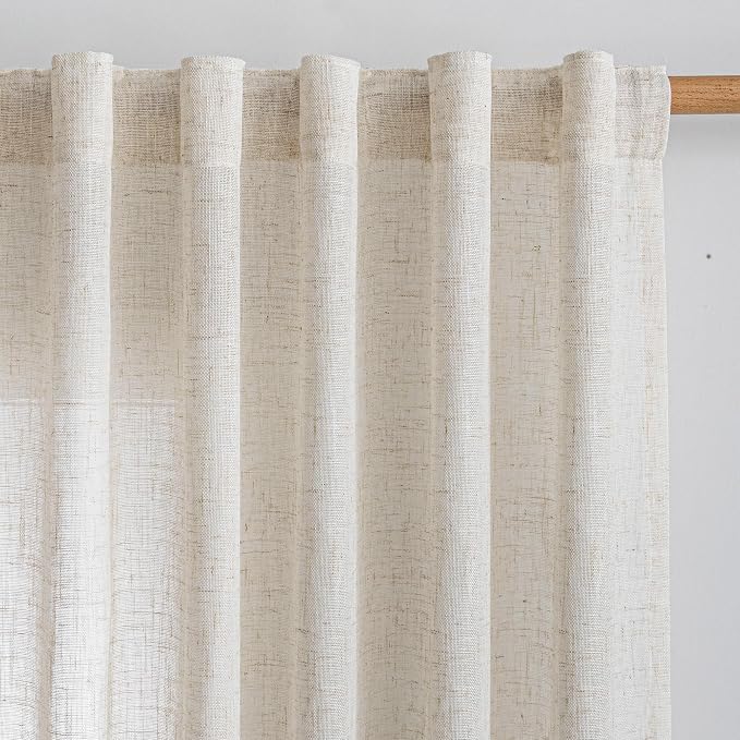 MYSKY HOME Farmhouse Kitchen Curtains 54 inches Long, Boho Curtain Panels Farmhouse Style Flax Linen Polyester Blend Texture for Home Decor, Light Soften Privacy Drapes, Linen, Pack-2