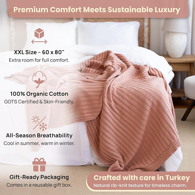 Dalisa 100% Organic Cotton Knit Blanket Denise -Soft and Lightweight, Breathable All-Season Throw for Bed, Sofa, or Lounge Area -Perfect for Home and Bedroom Styling (Pink, 60x80)