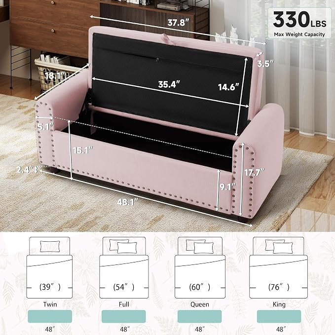 Ottoman with Storage, Tufted Storage Bench for Bedroom, 48" Fabrics End of Bed Bench, Upholstered Entryway Shoe Benches with Rolled Arm & Inner Zipper, Window Ottomans Chest with Rivets, Pink