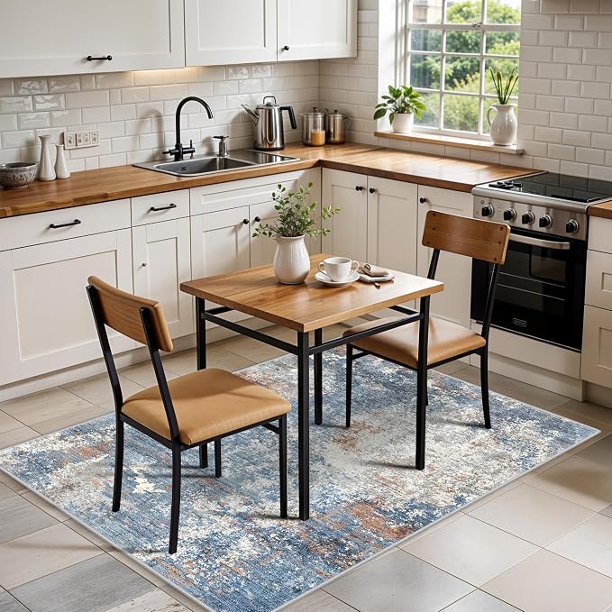 3x5 Washable Kitchen Rug – Non-Slip Rubber Backed Small Area Rug for Entryway, Bedroom, Living Room, Office – Soft Low-Pile Thin Modern Abstract Neutral Door Mat （Blue Rust,3x5）