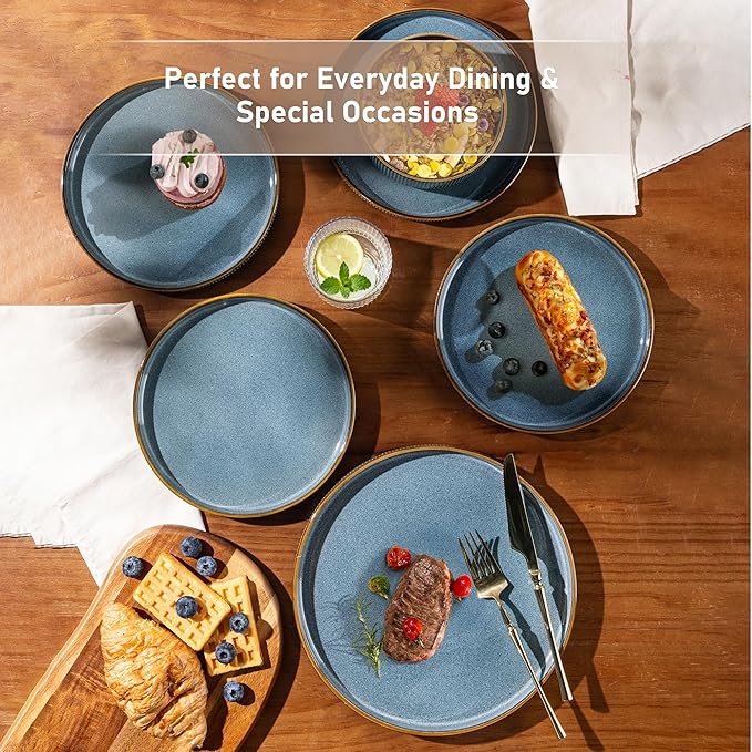 GBHOME 18-Piece Stoneware Dinnerware Set for 6 – Ribbed Ceramic Plates and Bowls, Scratch-Resistant, Microwave & Dishwasher Safe, Reactive Glaze, Reactive Glaze Teal