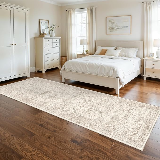 3x12 ft Carpet Runners Washable Hallway: Non Slip Wide Area Rug for Hall Kitchen Farmhouse Vintage Low Pile Long Floor Mat for Entry Bedroom Bathroom Living Room (Brown/Ivory 3x12 ft)
