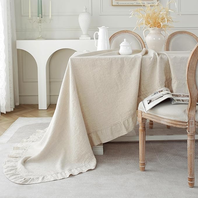 Linen World Ruffle Linen Tablecloth,100% French Linen Natural Tablecloth 132" x 90" Inch,Washable Rectangular Tablecloth for Dining,Outdoor,Weddings and Restaurants,Decorative Thanksgiving Christmas