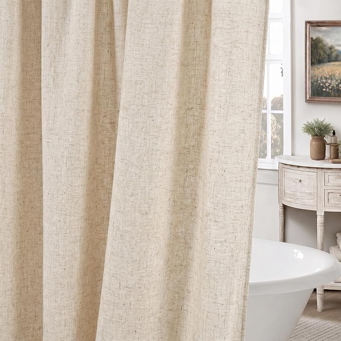 Seasonwood Linen Shower Curtain Neutral Vintage Farmhouse Linen Shower Curtains for Bathroom Boho Bathroom Decor with 12 Sturdy Stainless Steel Sliding Hangers(Beige,72x72 Inches)