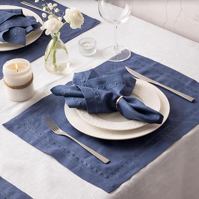 Linen Napkins Set of 4-100% Pure Linen Navy Blue Dinner Napkins with Embroidered Dot 18 x 18 inch - Hemstitch Cloth Napkins Washable for Winter and Spring Decor