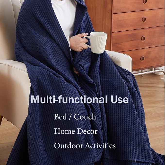 100% Egyptian Cotton Waffle Weave Throw Blanket for Bed Couch Sofa Home Decor, Soft Lightweight Bed & Couch Blanket for All Seasons (Navy Blue - Full Size - 84 * 90")