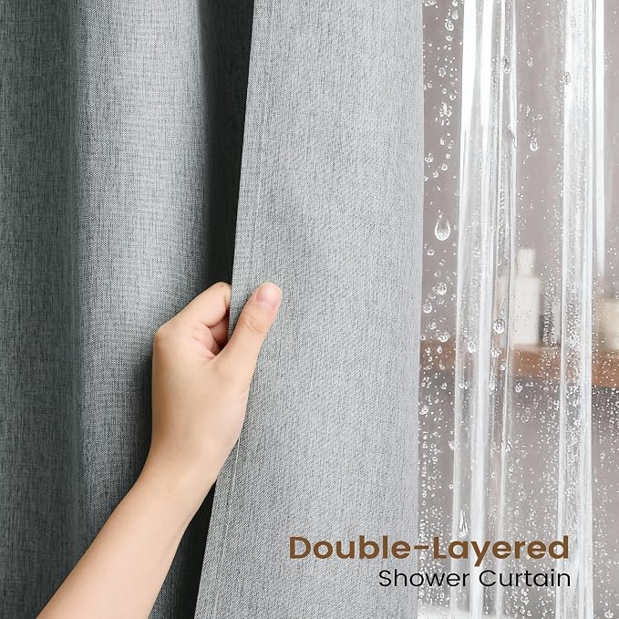 BTTN 3 in 1 Shower Curtain Set - 80 Inch Long Linen Textured Cloth Shower Curtain Liner with Plastic Hook, Tall Modern Hotel Luxury Waterproof Fabric Shower Curtain for Bathroom, Grey/Gray, 72x80