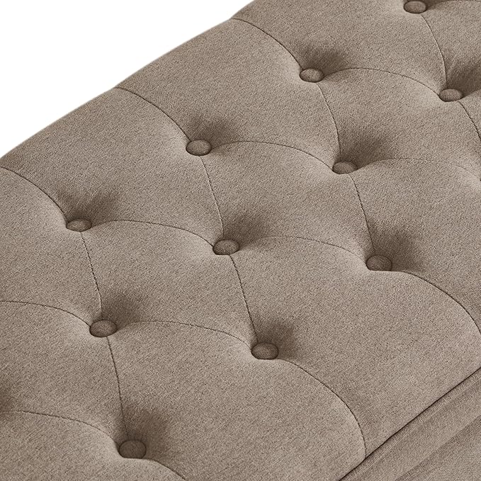 Upholstered Tufted Button Storage Bedroom Bench,Classic Linen Fabric Storage Ottoman Bench for End of Bed with Solid Wood Leg,Living Room,Entryway,Brown