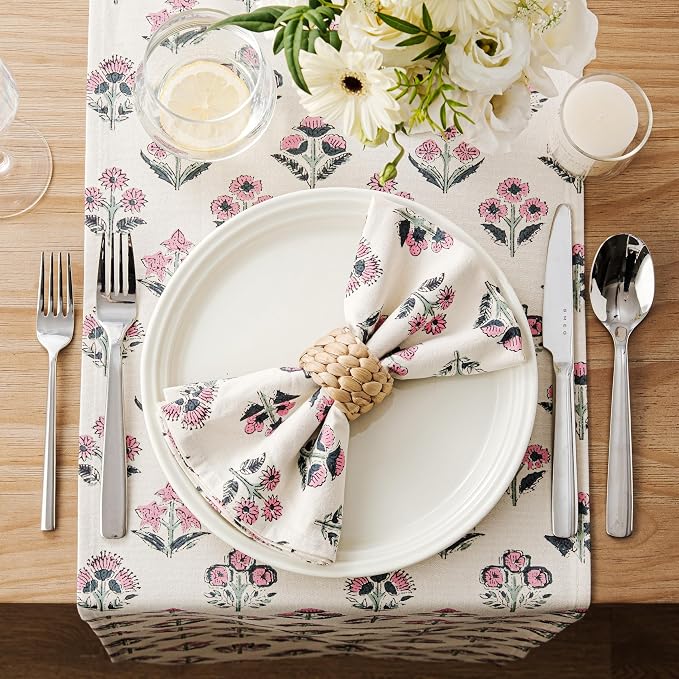 100% Cotton Block Print Floral Table Runners, 13x36 Inch Pink Farmhouse Table Runners 36 Inches Long Boho Flowers Home Decors