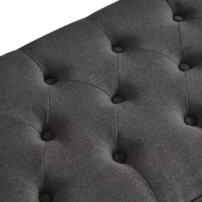 Upholstered Tufted Button Storage Bedroom Bench,Classic Linen Fabric Storage Ottoman Bench for End of Bed with Solid Wood Leg,Living Room,Entryway,Dark Gray