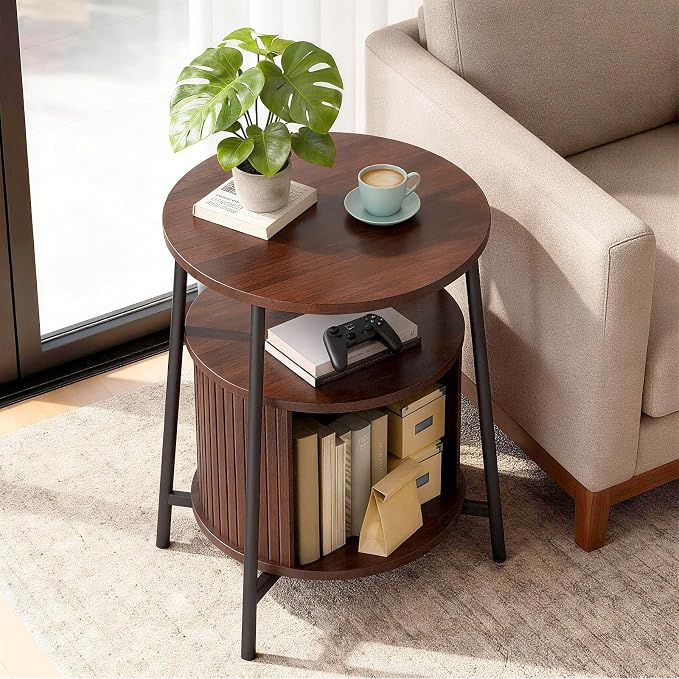 DHH Round End Tables Set of 2 & Charging Station, Fluted Accent Side Table with Sliding Door, Mid-Century Modern Nightstand set of 2 for Small Space Storage, Living Room, Bedroom,Sofa Couch(2, Walnut)