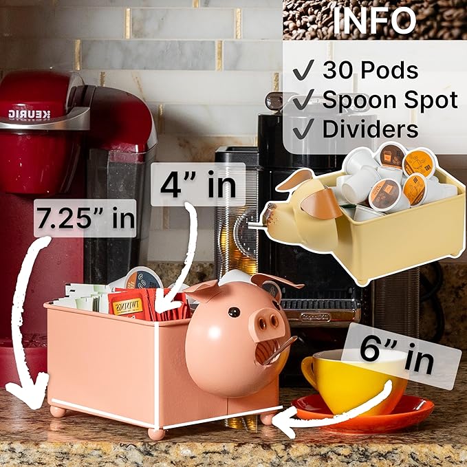 Made Easy Kit Coffee Pod Basket Organizer Practical Decoration - Compatible with Keurig K-Cup Pods & Capsules - Home Cafe Bar Decor Useful Kitchen Countertop Freestanding (Pig Square)