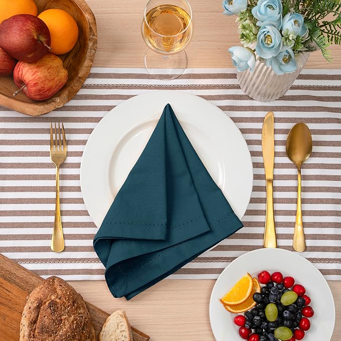 Blue Needles Set of 12 Hemstitch Linen Napkins 100% Cotton Crystal Teal Cloth Dinner Napkins 18x18 inches, Soft Reusable Absorbent Washable, Ideal for Spring Summer Easter Event Parties & Everyday Use