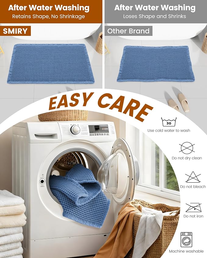Smiry Waffle Bath Mat 60x24, Extra Soft Absorbent Bathroom Rugs, Non Slip Machine Washable Quick Dry Bath Rugs for Bathroom Floor, Tub, Shower, Home Decor Accessories, Blue