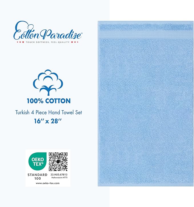 Cotton Paradise 100% Cotton Turkish Towel Set, Soft Absorbent Quick Dry, 4 Piece Hand Towel Set, Sky Blue
