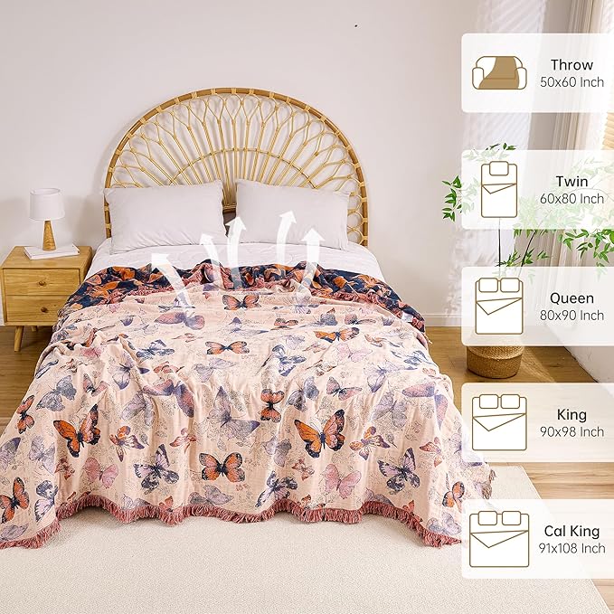 VANJOROY Boho Throw Blanket, 100% Organic Cotton Breathable Ultra Soft 60" x 80" Bed Quilt Throw - All Season Floral Rustic Farmhouse Decor Luxury Reversible Blanket for Sofa Couch Chair and Gift