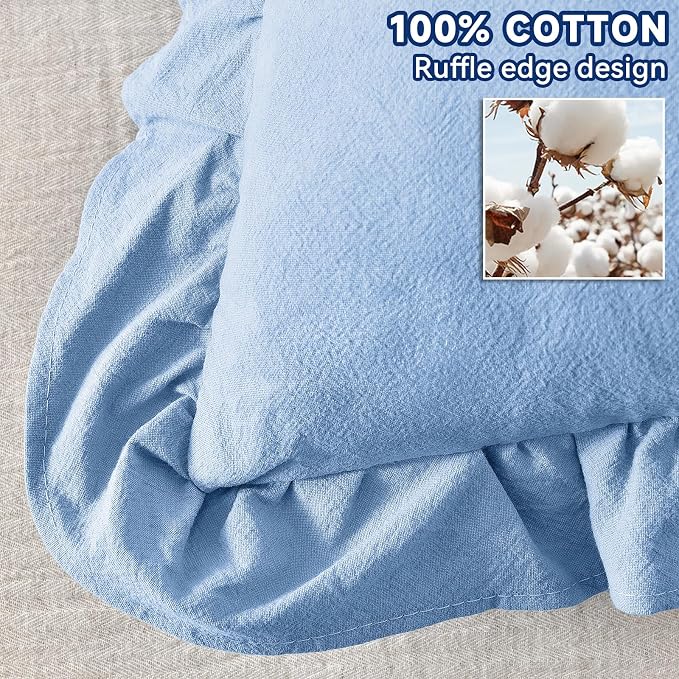 AmHoo Pack of 2 Throw Pillow Covers 100% Cotton Pre Washed Ruffle Decorative Pillowcase Cushion for Couch Sofa Bedroom 16 x 16-Inch Light Blue