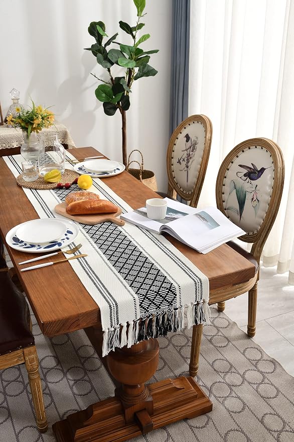 Wracra Boho Woven Table Runner 14 x 48 inches Black and White Rustic Table Runners Modern Farmhouse Style Vintage Rustic Table Runner with Tassels for Dresser Home Dining Table Decor(Black, 48")